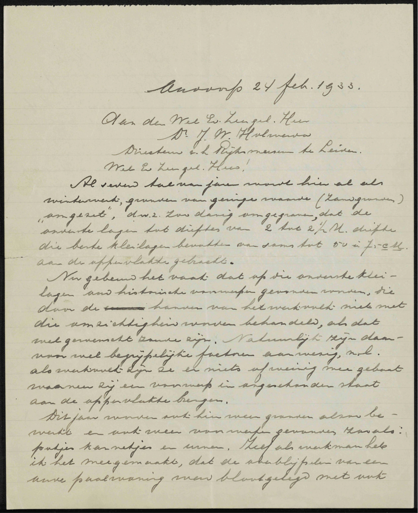 Brief van een inwoner uit Ouddorp aan de conservator van het Rijksmuseum voor Oudheden, over een archeologische vondst die hij had gedaan.